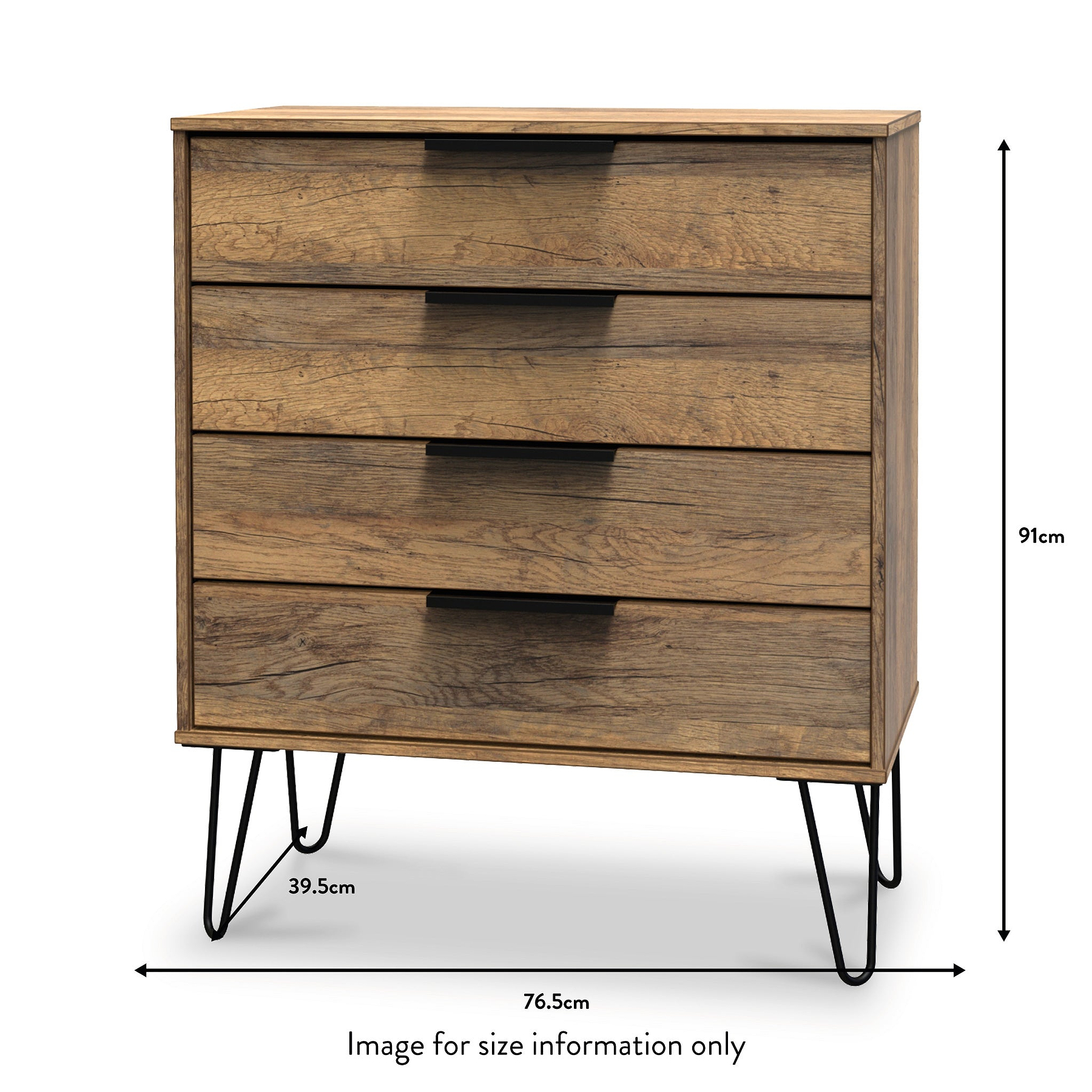 Moreno Rustic Oak Wooden 4 Drawer Chest with Black Hairpin Legs size guide