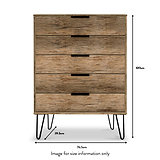 Moreno Rustic Oak 5 Drawer Chest with Black Hairpin Legs size guide