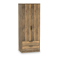 A wooden wardrobe stands isolated with doors closed and two drawers at the bottom, set against a white background.