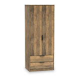 A wooden wardrobe stands isolated with doors closed and two drawers at the bottom, set against a white background.