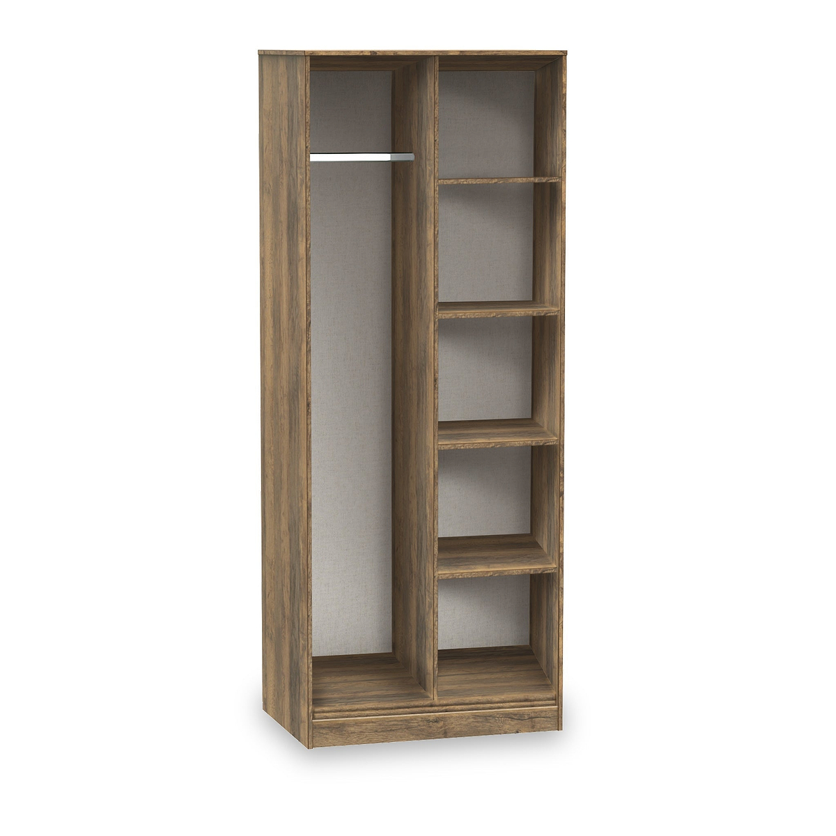 A wooden wardrobe with a section for hangers and multiple shelves stands against a plain white background, devoid of items or clothing.