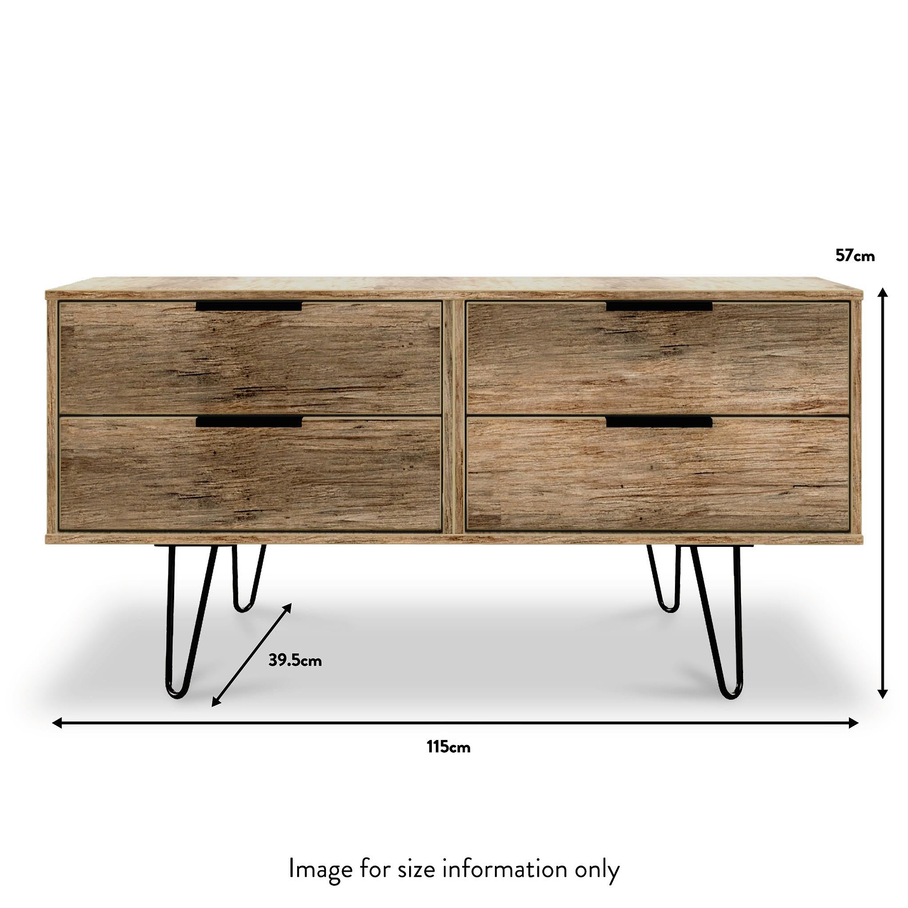 Moreno Rustic Oak Low Storage Unit with Black Hairpin Legs dimension guide