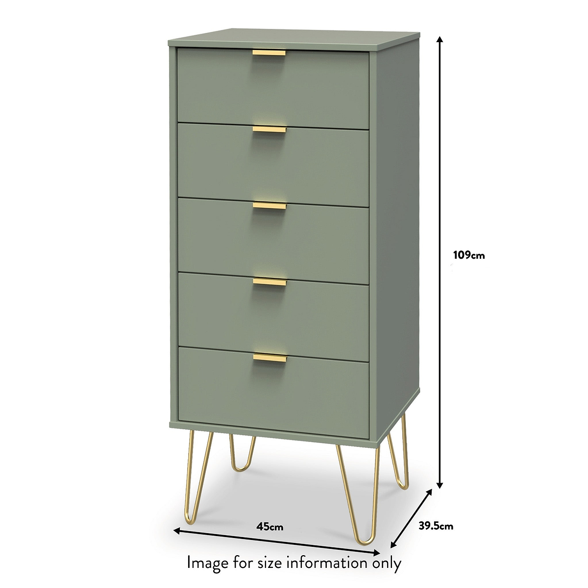 Moreno Olive Green 5 Drawer Tallboy Chest with Gold Hairpin Legs dimensions guide
