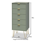 Moreno Olive Green 5 Drawer Tallboy Chest with Gold Hairpin Legs dimensions guide