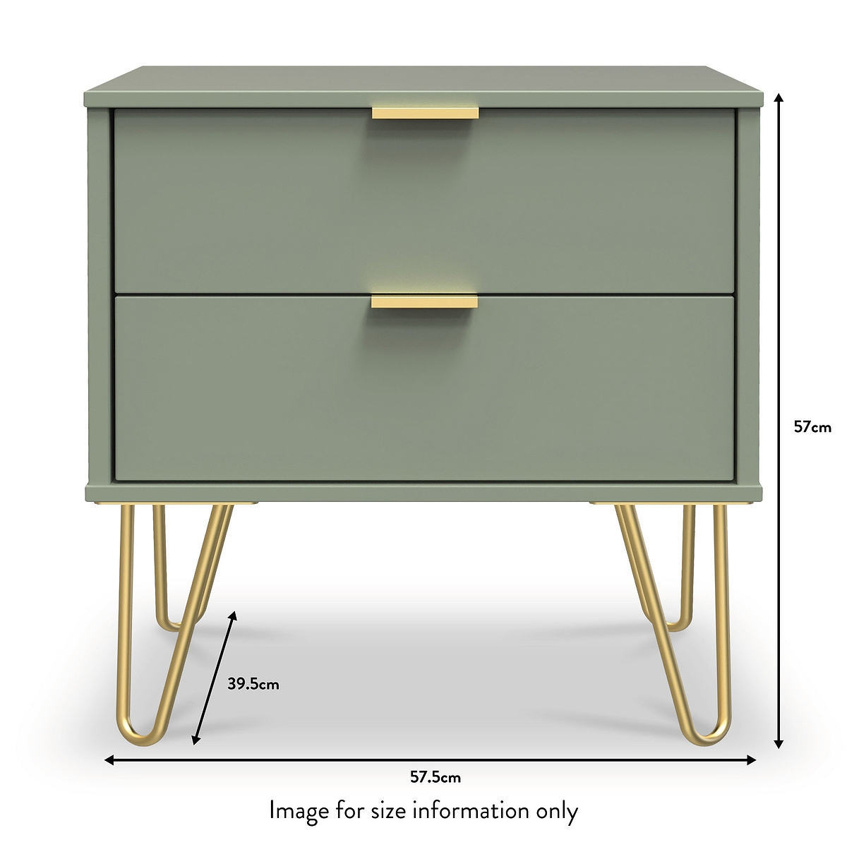 Moreno Olive Green 2 Drawer Sofa Side Lamp Table with Gold Hairpin Legs dimensions guide