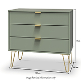 Moreno Olive Green 3 Drawer Chest with gold hairpin legs dimensions guide