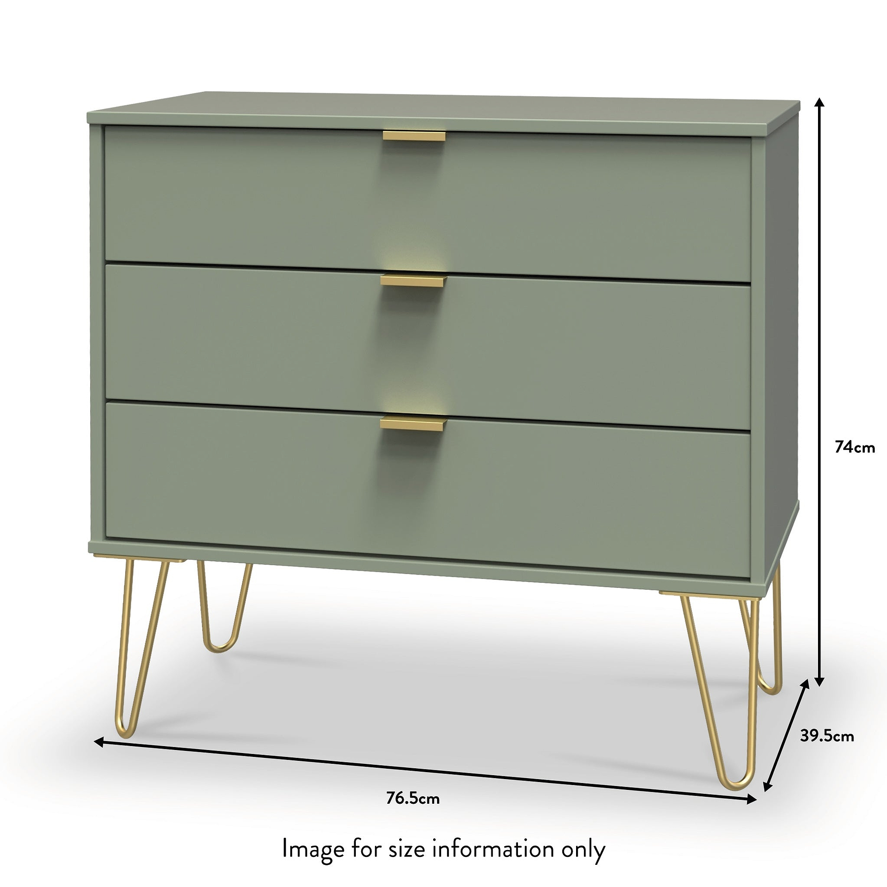 Moreno Olive Green 3 Drawer Chest with gold hairpin legs dimensions guide
