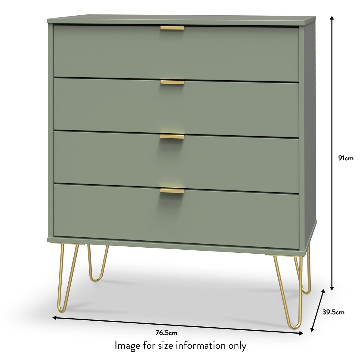 Moreno Olive Green 4 Drawer Chest with gold hairpin legs dimensions guide