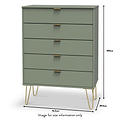 Moreno Olive Green 5 Drawer Chest with gold hairpin legs dimension guide
