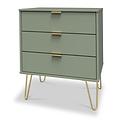 Moreno Olive Green 3 Drawer Midi Chest of Drawers Unit with gold hairpin legs