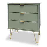 Moreno Olive Green 3 Drawer Midi Chest of Drawers Unit with gold hairpin legs