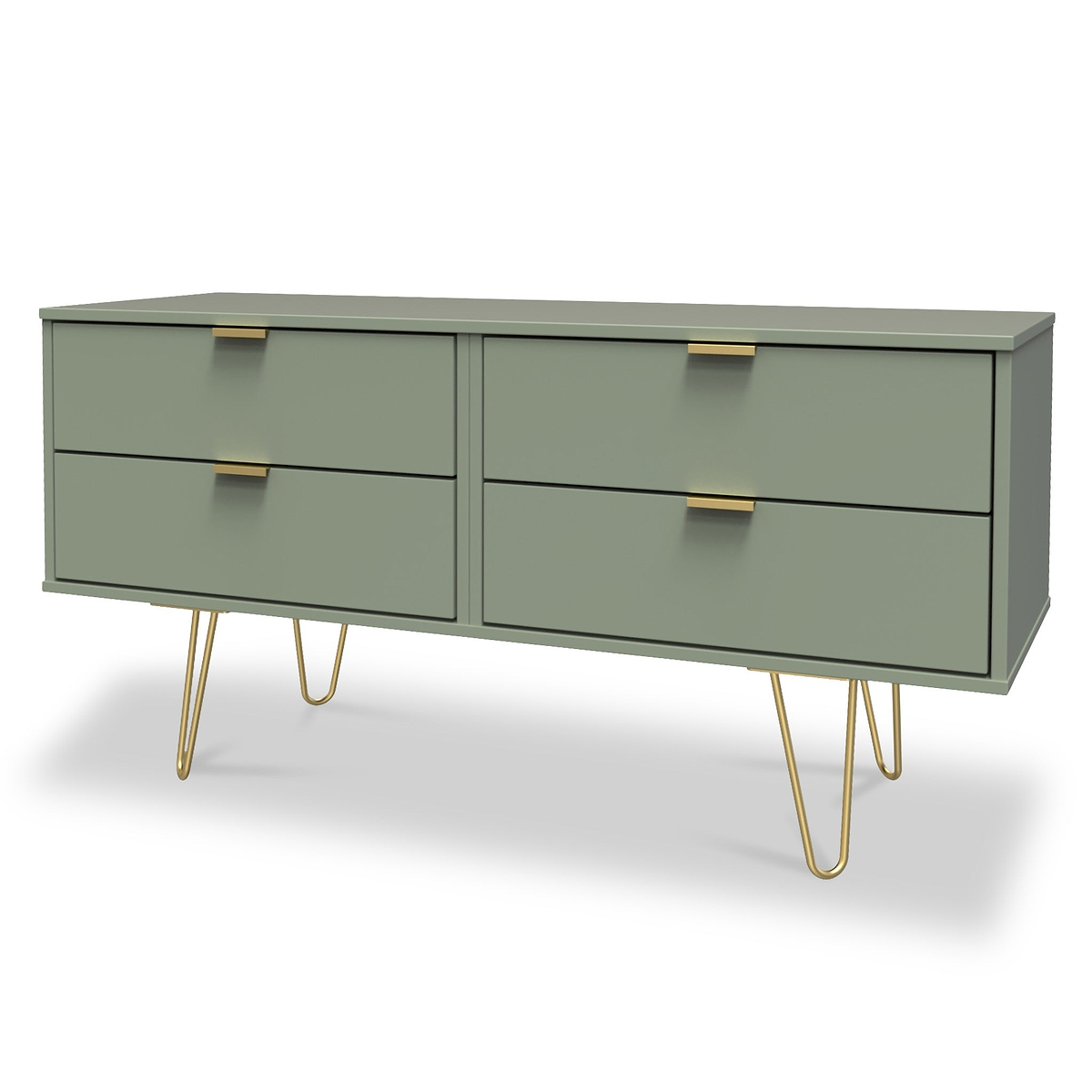 Moreno Olive Green Low 4 Drawer Chest with gold hairpin legs