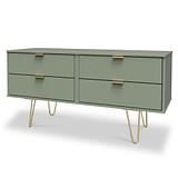 Moreno Olive Green Low 4 Drawer Chest with gold hairpin legs