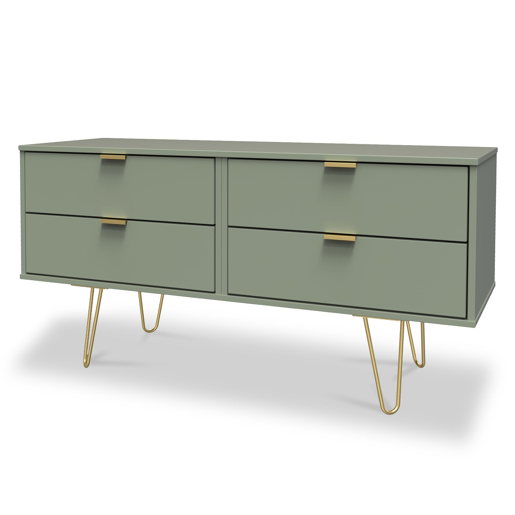 Moreno Olive Green Low 4 Drawer Chest with gold hairpin legs