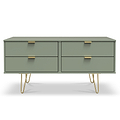 Moreno Olive Green Low 4 Drawer Chest with gold hairpin legs from Roseland Furniture
