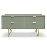 Moreno Olive Green Low 4 Drawer Chest with gold hairpin legs from Roseland Furniture