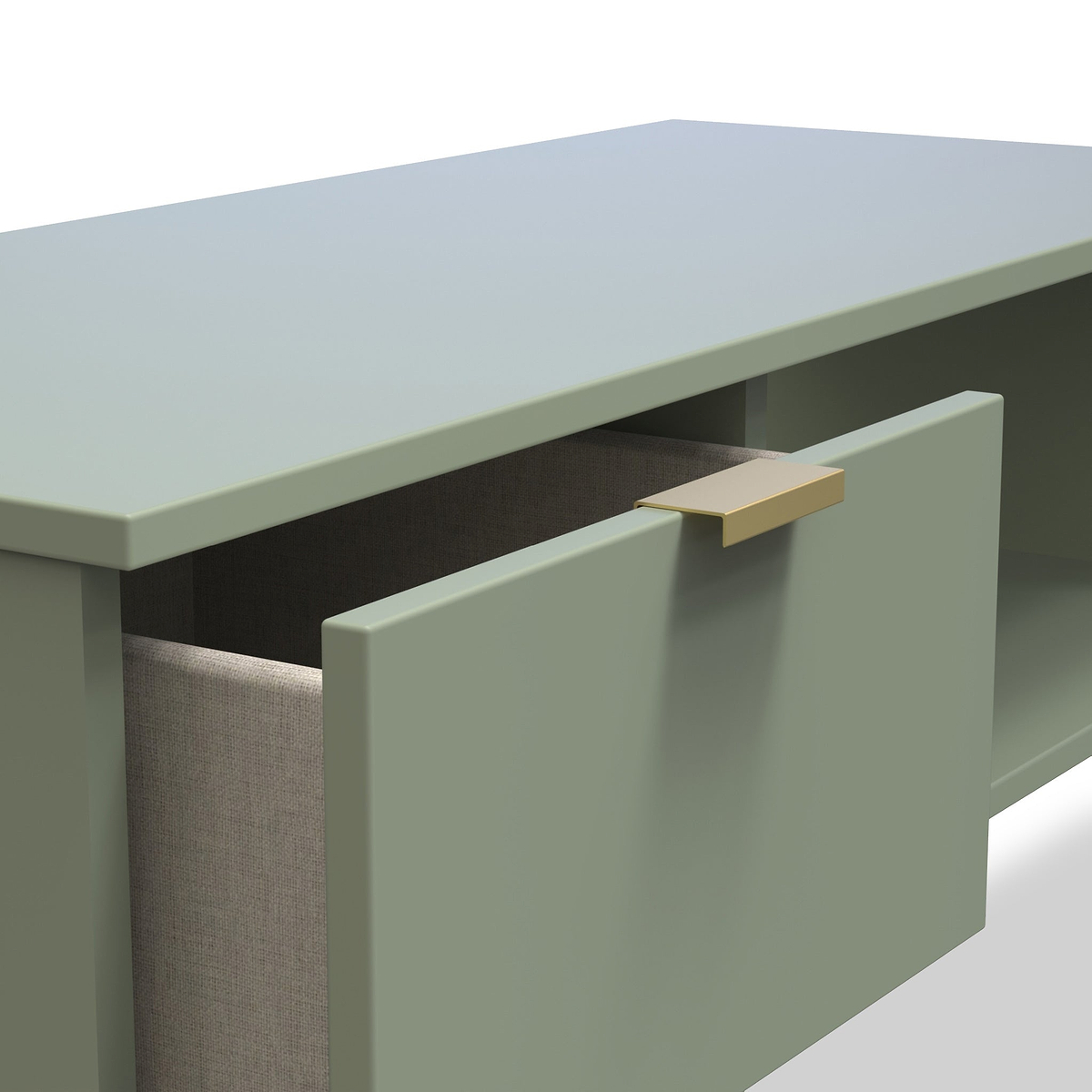 Moreno Olive Green 1 Drawer Coffee Table with Storage and gold hairpin legs drawer close up