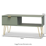 Moreno Olive Green 1 Drawer Coffee Table with Storage and gold hairpin legs dimensions guide