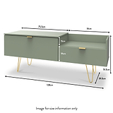 Moreno Olive Green 2 Drawer TV Console Unit with Gold Hairpin legs size