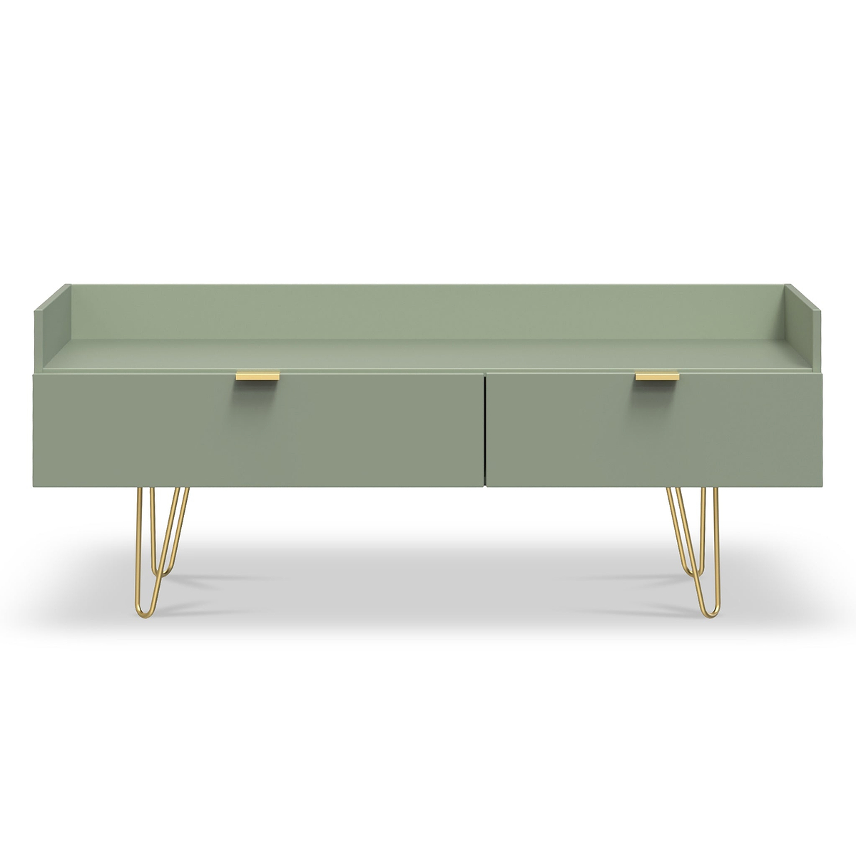 Moreno Olive Green 2 Drawer Media Console Unit with gold hairpin legs from Roseland Furniture