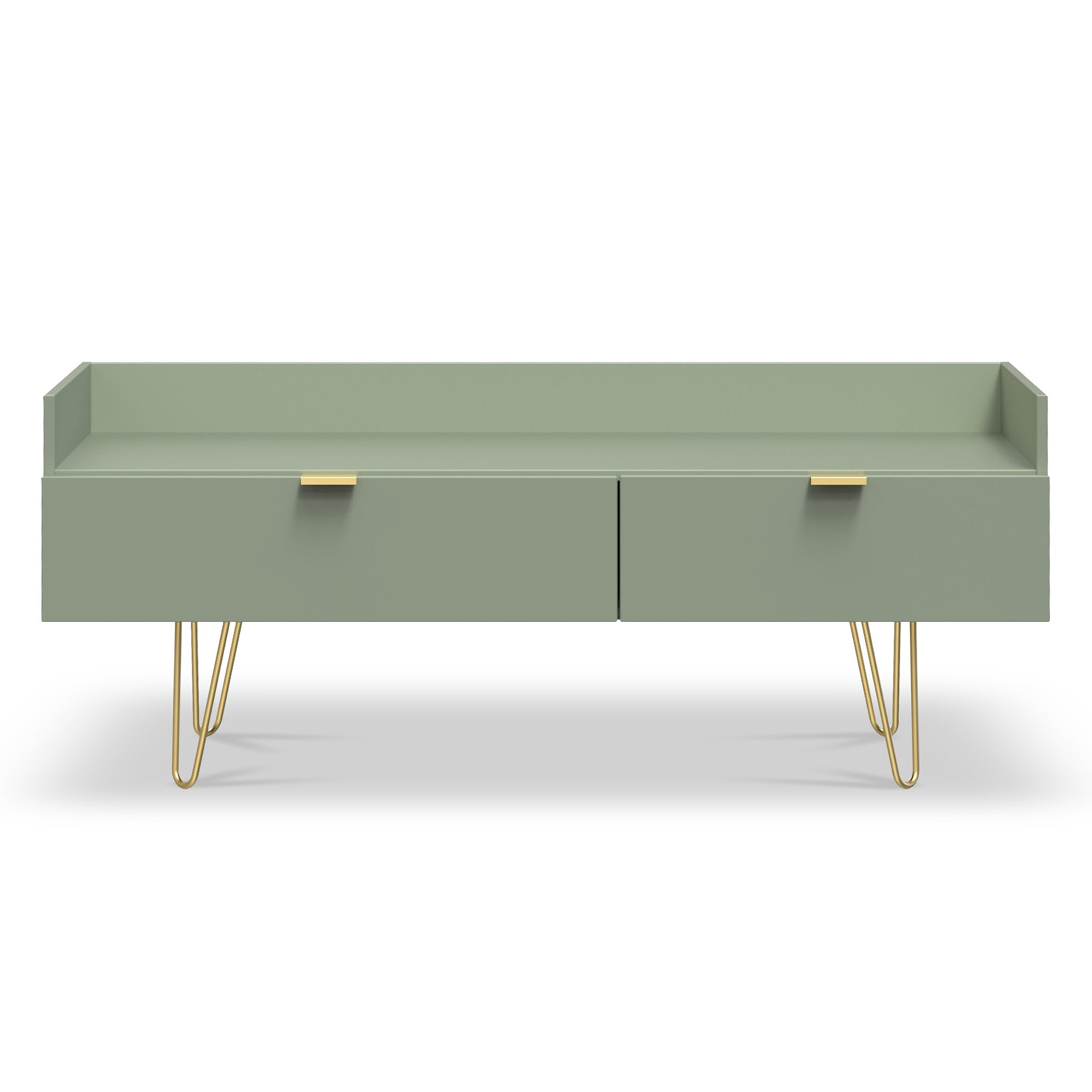 Moreno Olive Green 2 Drawer Media Console Unit with gold hairpin legs from Roseland Furniture