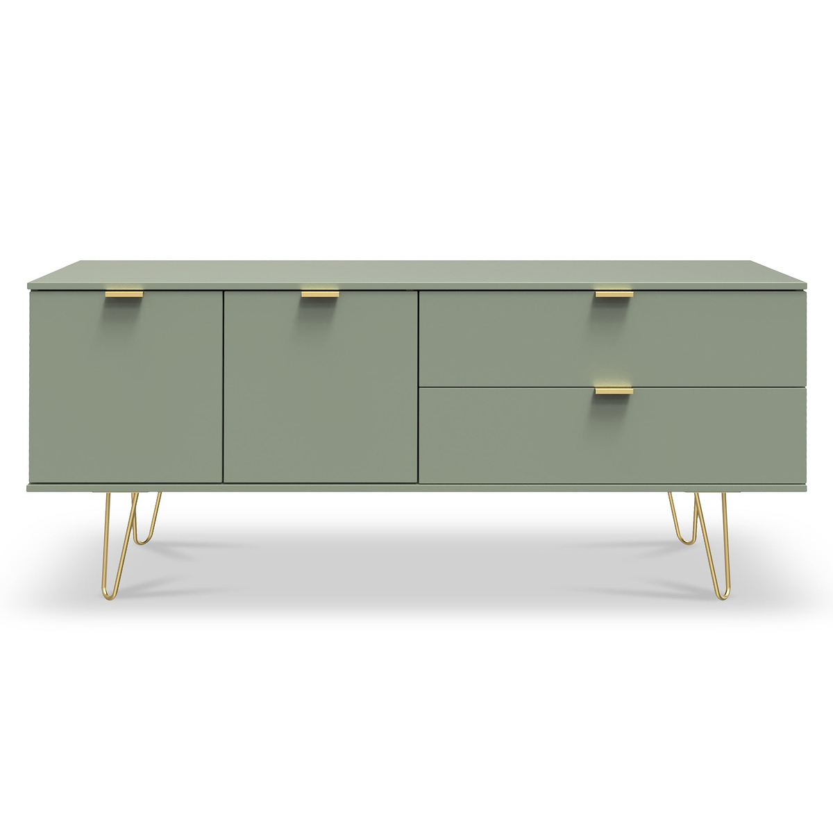 Moreno Olive Green 2 Door 2 Drawer Sideboard Cabinet with gold hairpin legs from Roseland Furniture