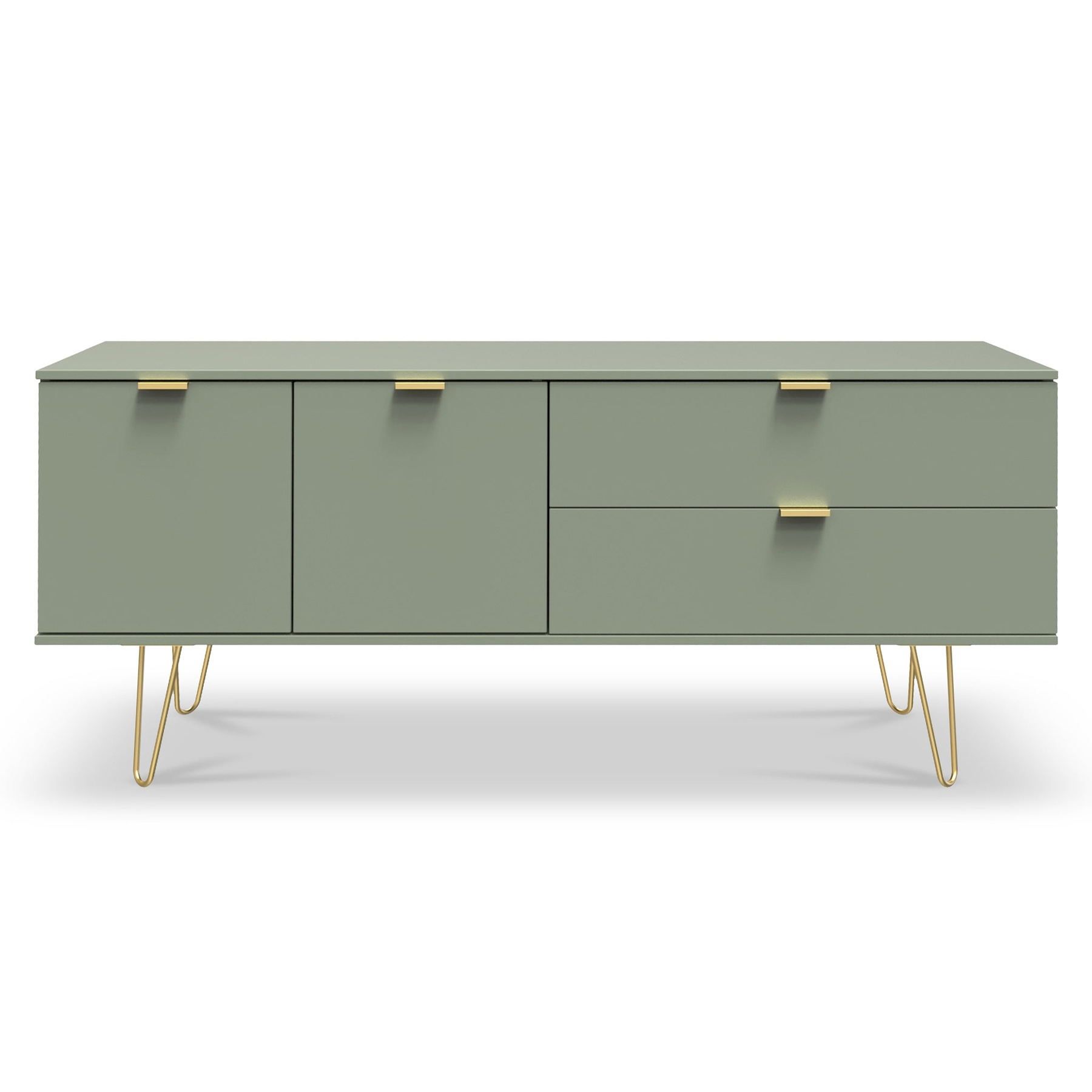 Moreno Olive Green 2 Door 2 Drawer Sideboard Cabinet with gold hairpin legs from Roseland Furniture
