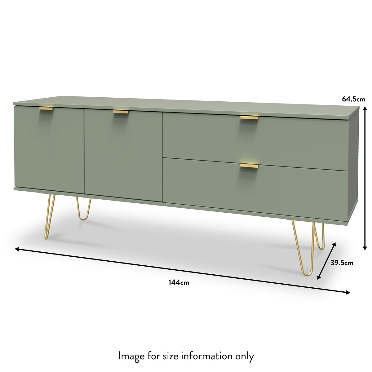 Moreno Olive Green 2 Door 2 Drawer Sideboard Cabinet with gold hairpin legs dimensions guide
