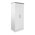 A white, two-door wooden wardrobe with a brown top and silver handles is displayed against a white background.