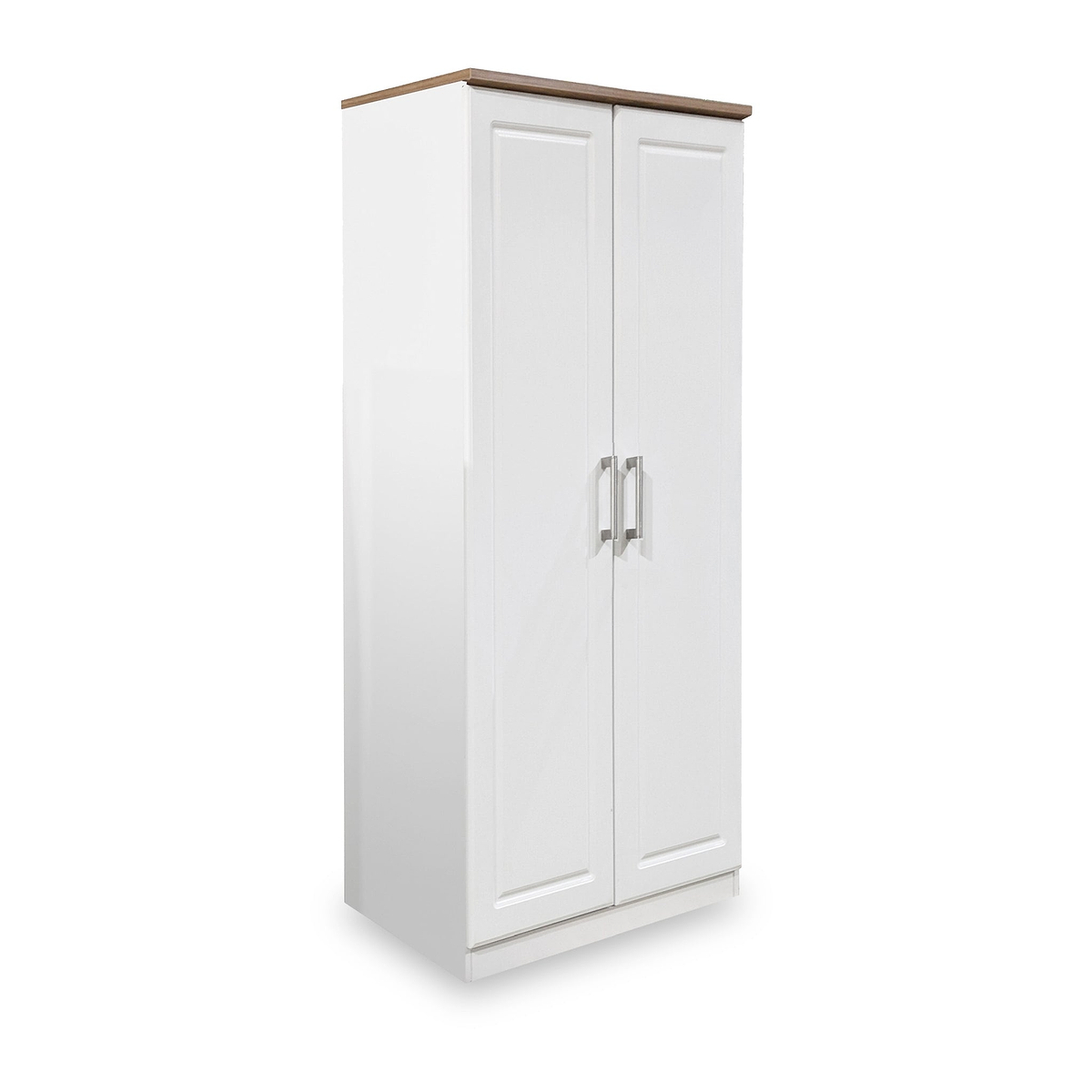 A white, two-door wooden wardrobe with a brown top and silver handles is displayed against a white background.