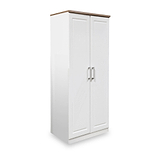 A white, two-door wooden wardrobe with a brown top and silver handles is displayed against a white background.