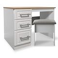 A white desk with a wooden top, three drawers on one side, and a grey cushioned chair, set against a plain background.