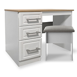 A white desk with a wooden top, three drawers on one side, and a grey cushioned chair, set against a plain background.