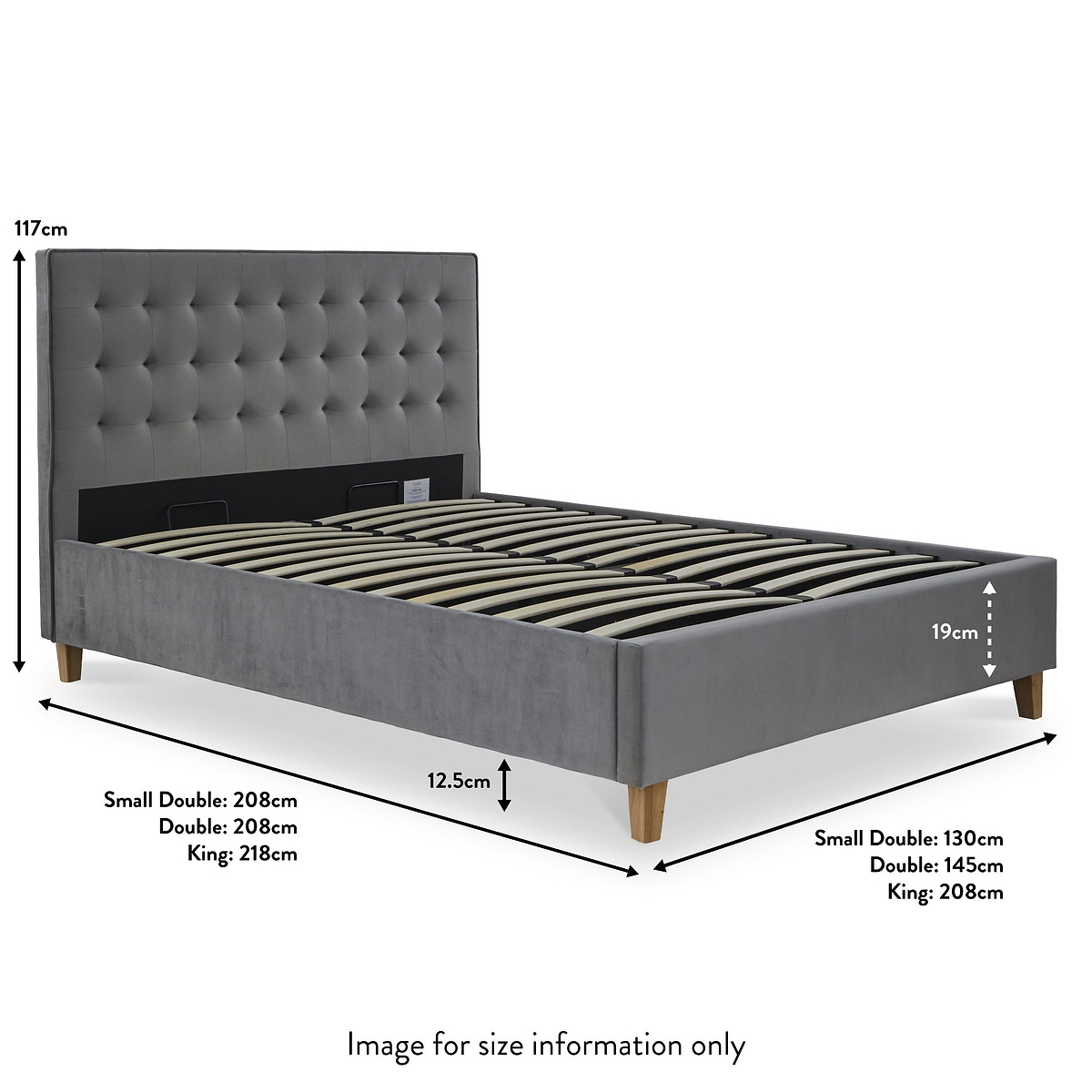 Kia Grey Velvet Ottoman Storage Bed Frame dimensions