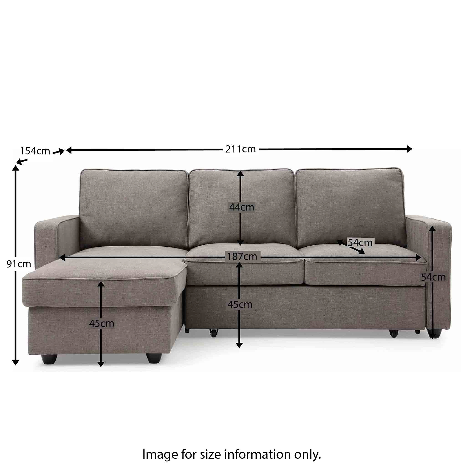Soldier Grey 3 Seater Corner Sofa Bed - Size Guide