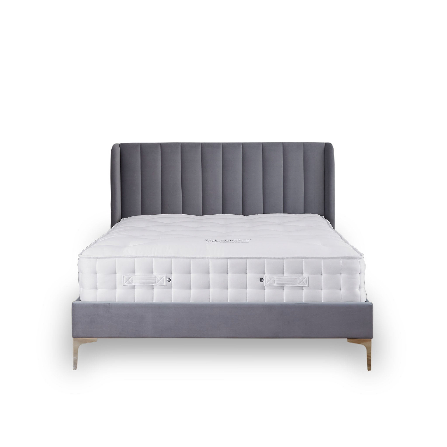 A grey upholstered bed with a tufted headboard is stationary against a white background. A plush white mattress sits atop the frame.