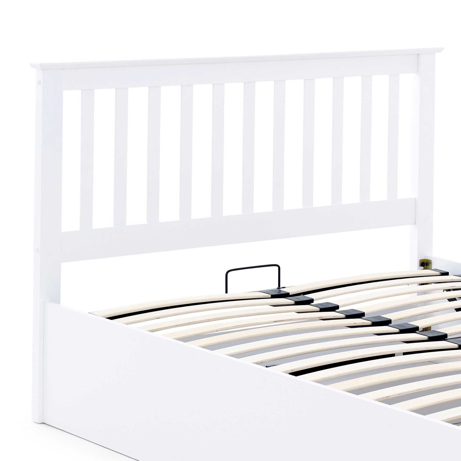 slatted headboard on the  Trent White Wooden Ottoman Bed 