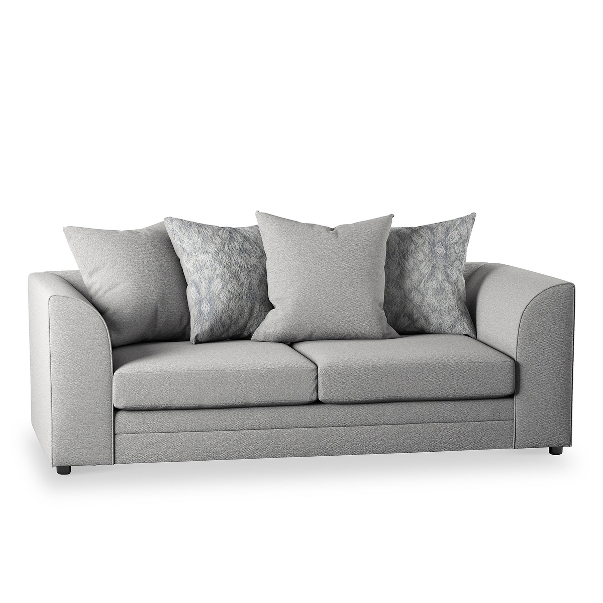 A grey upholstered sofa with three back cushions and two patterned throw pillows against a white background.
