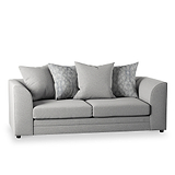 A grey upholstered sofa with three back cushions and two patterned throw pillows against a white background.
