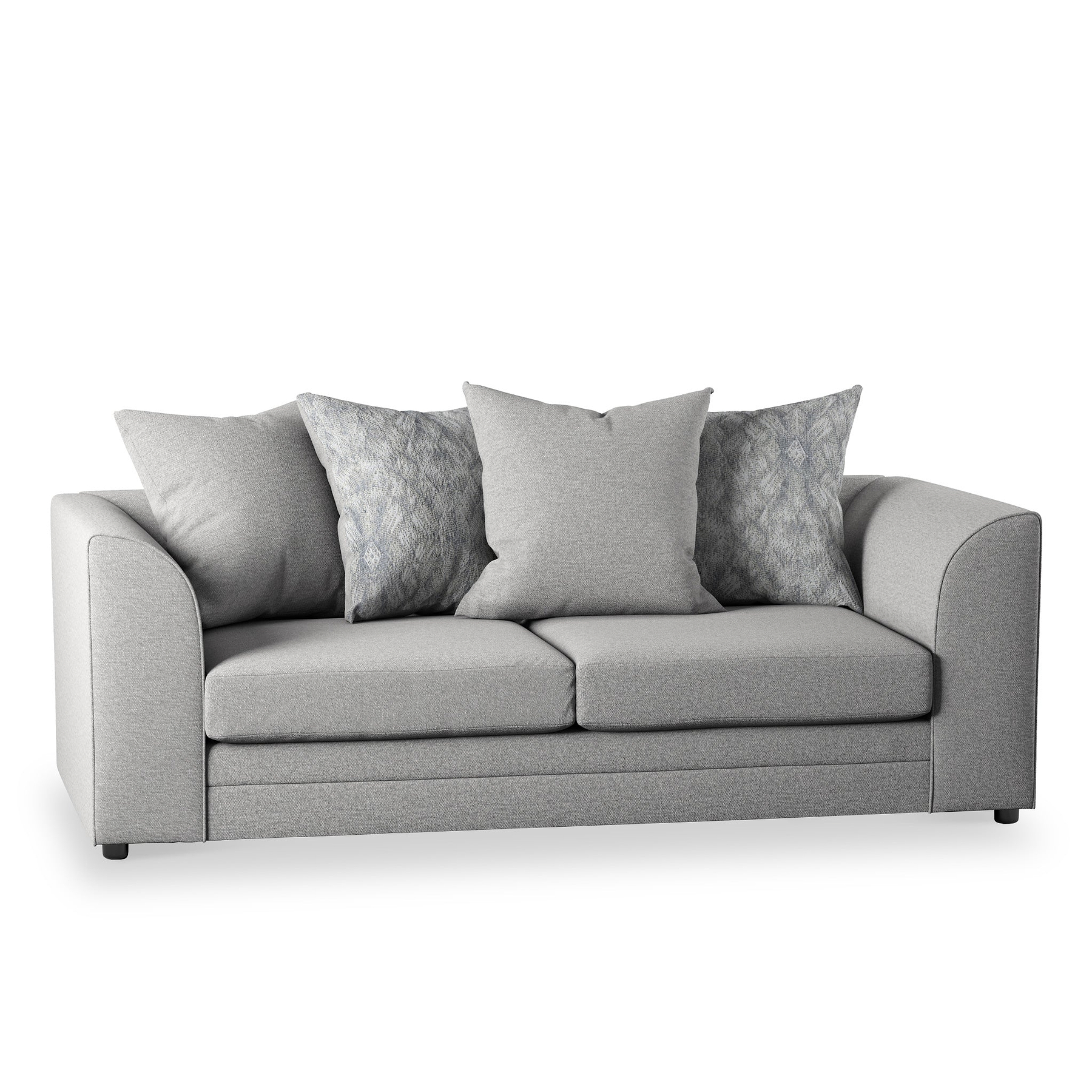 A grey upholstered sofa with three back cushions and two patterned throw pillows against a white background.