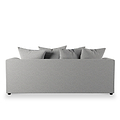 A grey sofa with several matching cushions against a plain white background.