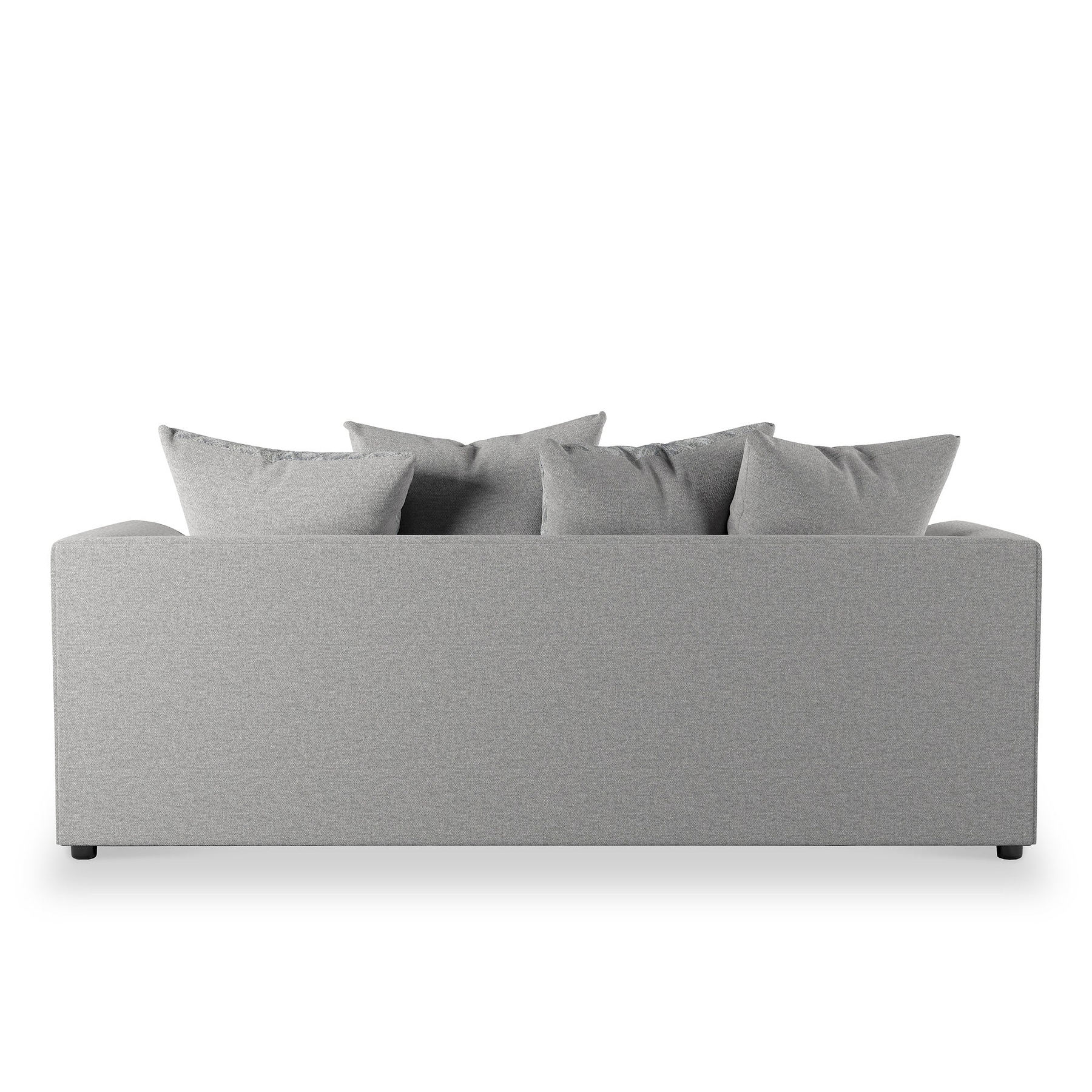 A grey sofa with several matching cushions against a plain white background.