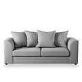 A grey fabric sofa with two seat cushions, flanked by armrests, adorned with five decorative pillows. It's positioned against a plain white background.