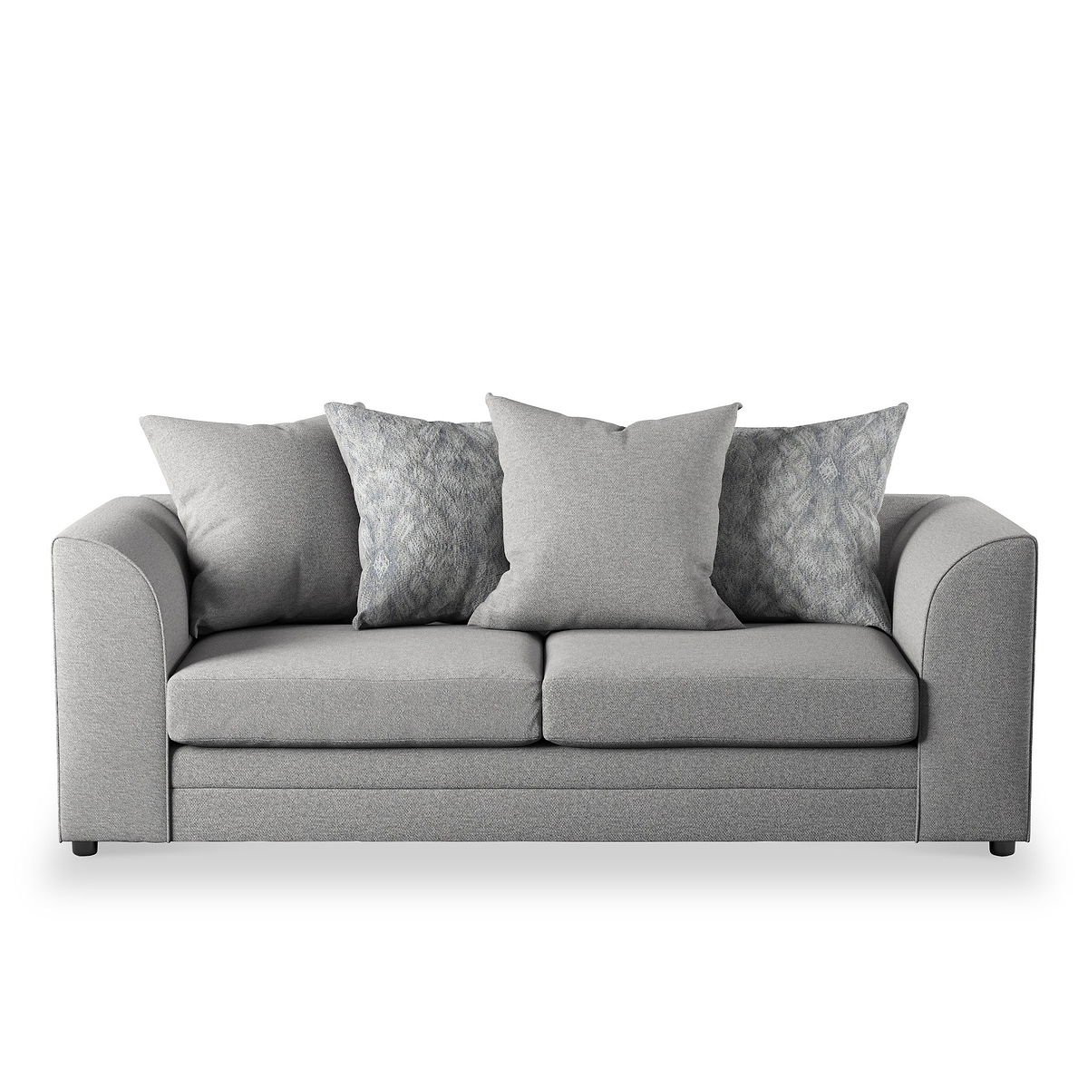 A grey fabric sofa with two seat cushions, flanked by armrests, adorned with five decorative pillows. It's positioned against a plain white background.