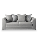 A grey fabric sofa with two seat cushions, flanked by armrests, adorned with five decorative pillows. It's positioned against a plain white background.