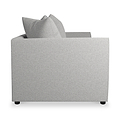 A grey fabric sofa with a cushion, standing still, isolated on a white background.