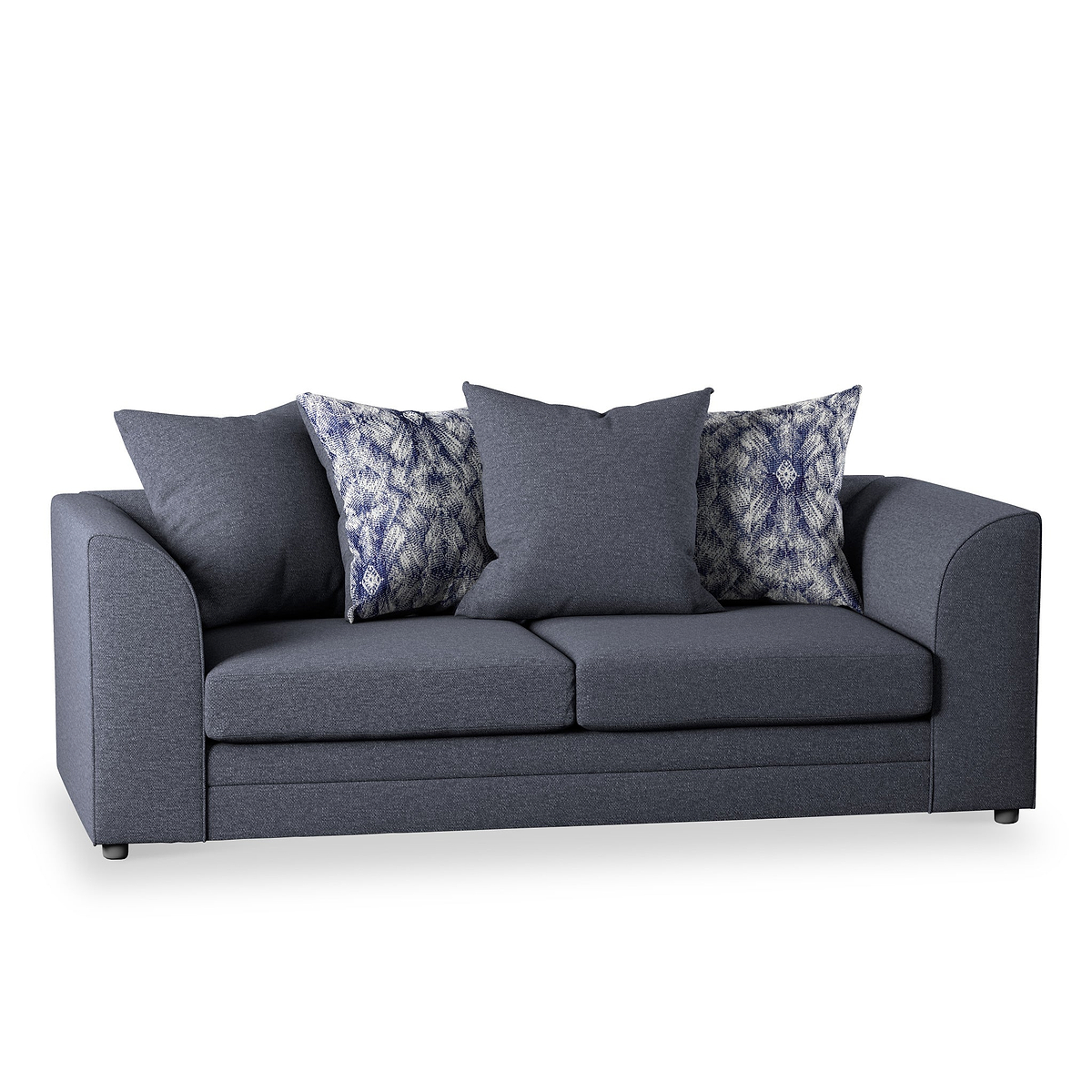 A gray upholstered sofa with three back cushions and two patterned throw pillows, isolated on a white background.
