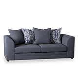 A gray upholstered sofa with three back cushions and two patterned throw pillows, isolated on a white background.