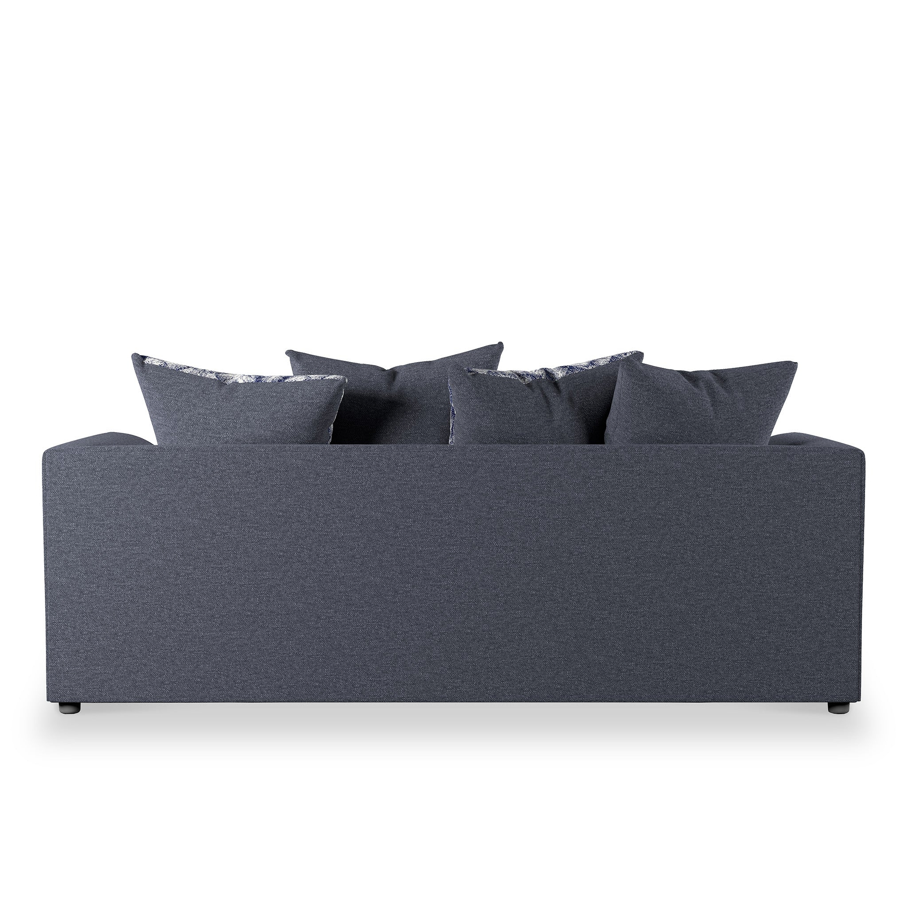 A dark gray contemporary sofa adorned with matching cushions is stationary against a white background.