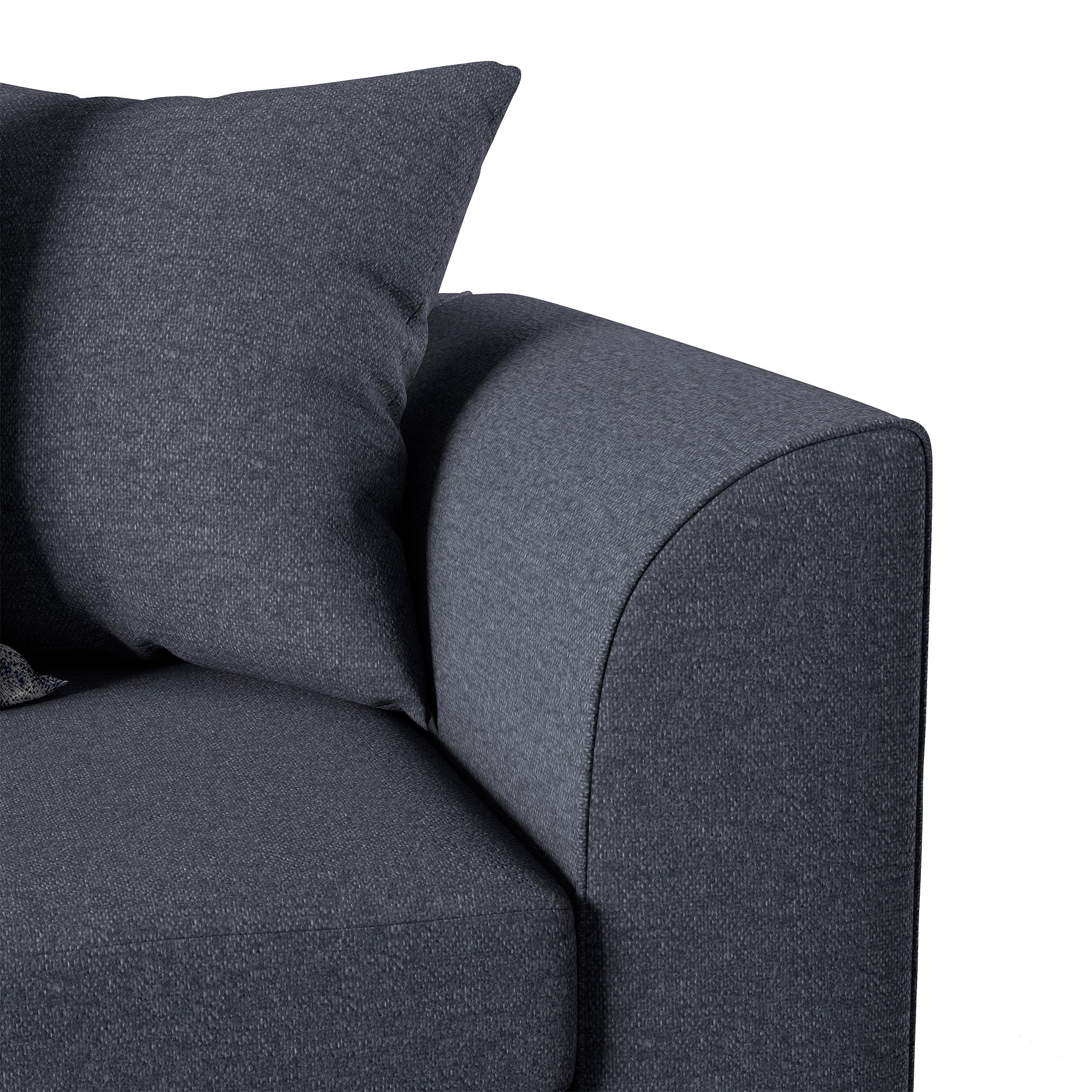 Dark grey fabric sofa with a plush backrest cushion and armrest, conveying comfort and modern design against a plain white background.